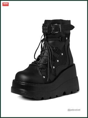 Goth Platform Ankle Boots for Women Chunky Wedge Heel Vegan PU Leather Rave